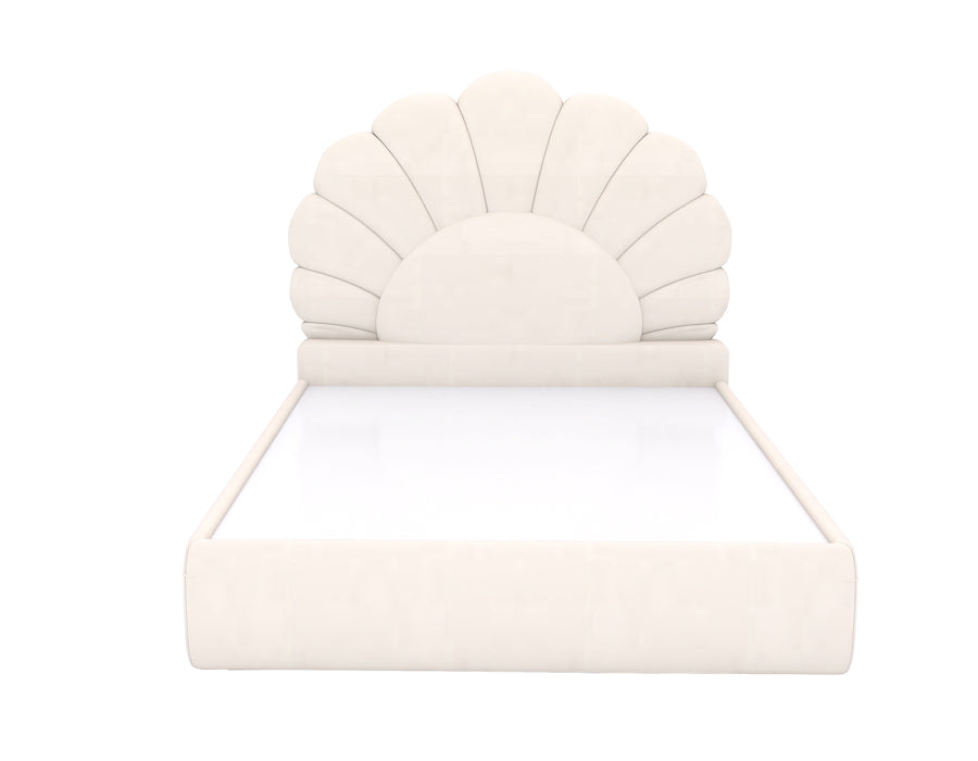 Elegant off-white bed with a distinctive scalloped headboard design, featuring a sleek platform base. The bed frame is upholstered in a soft off-white fabric, offering a stylish and comfortable addition to a girl's bedroom.