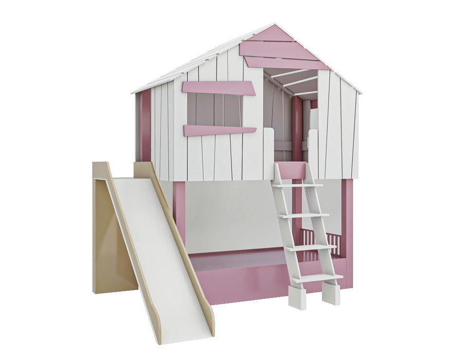 Isometric view of an isolated image of a wooden cabin-shaped children's bed with a smooth slide and sturdy ladder. The bed features decorative pink shutters and a white finish, designed to stimulate creative play and complement a kid's bedroom decor.