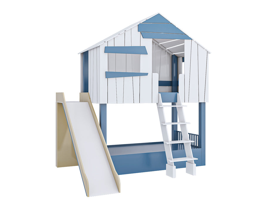 Isometric view of an isolated image of a wooden cabin-shaped children's bed with a smooth slide and sturdy ladder. The bed features decorative blue shutters and a white finish, designed to stimulate creative play and complement a kid's bedroom decor.