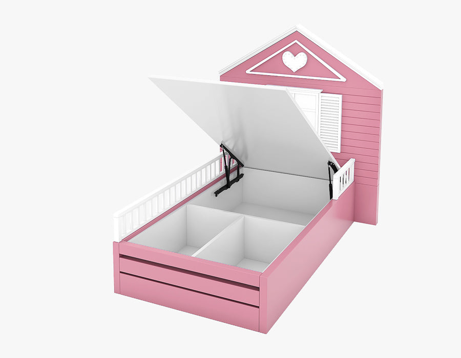 Pink children's bed with a house-shaped headboard featuring white shutters and a heart decoration, equipped with a lift-up mechanism that reveals spacious storage compartments underneath. The bed includes white side rails for safety, combining playful design with practical storage solutions for a child's bedroom.