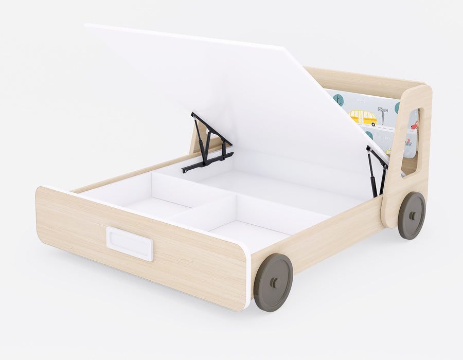 Children's storage bed with a light wood finish, showcasing a lift-up hydraulic mattress base for convenient under-bed storage. The open storage compartment is divided into sections, ideal for organizing toys, books, or clothes. The playful headboard features a colorful vehicle-themed design with cars, buses, and road signs, adding a fun touch. The bed's side panels include cutouts, and the frame is accented with decorative wheels, creating an automotive-inspired aesthetic perfect for a kid's room.