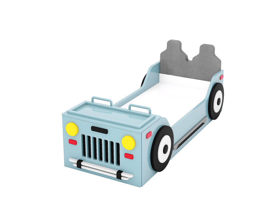 Isometric view of a children's jeep-themed bed in light blue, featuring realistic details such as wheels and a sleek design. The bed includes a front storage compartment accessible through a lift-up mechanism. This playful and functional bed design adds a fun element to a child's bedroom.