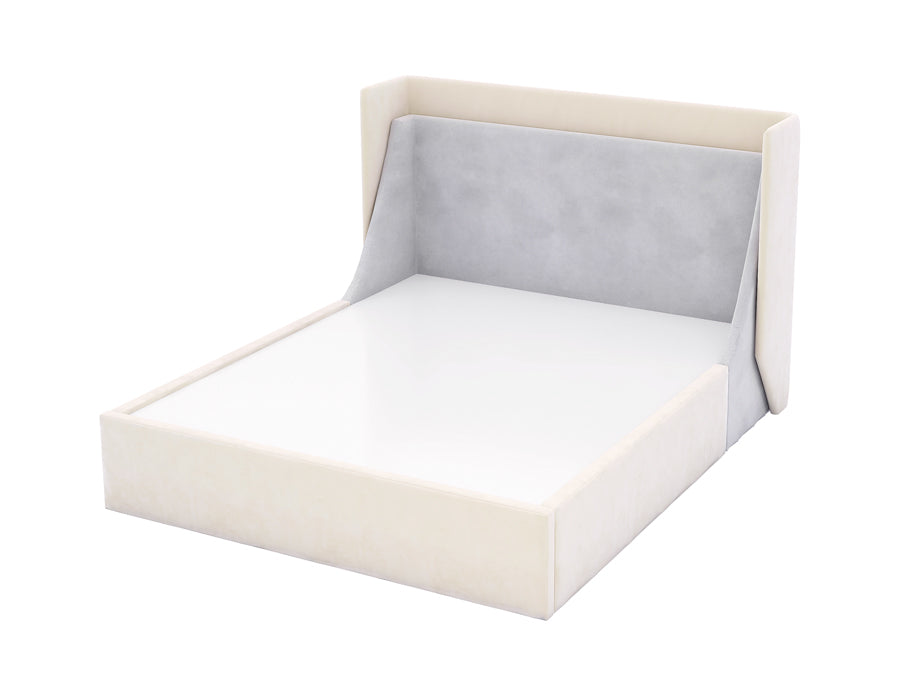 Cream-colored upholstered bed with a high, angled headboard featuring a soft gray fabric panel. The bed frame has a sleek and modern design, providing a cozy and stylish sleeping space for a child's bedroom. The angled headboard adds a unique and comfortable touch.