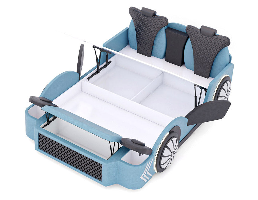 Top view of a blue car-themed children's bed with the mattress lifted to reveal spacious storage compartments underneath. The bed features realistic car elements such as a detailed front grille, black quilted headrests, and wheel designs. The side panels are open, showcasing the practical storage solution, making it both playful and functional for a child's bedroom.