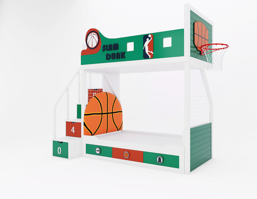 Angled view of Slam Dunk Celtics bunk bed with basketball-shaped headboard, court netting side walls, and mounted basketball hoop