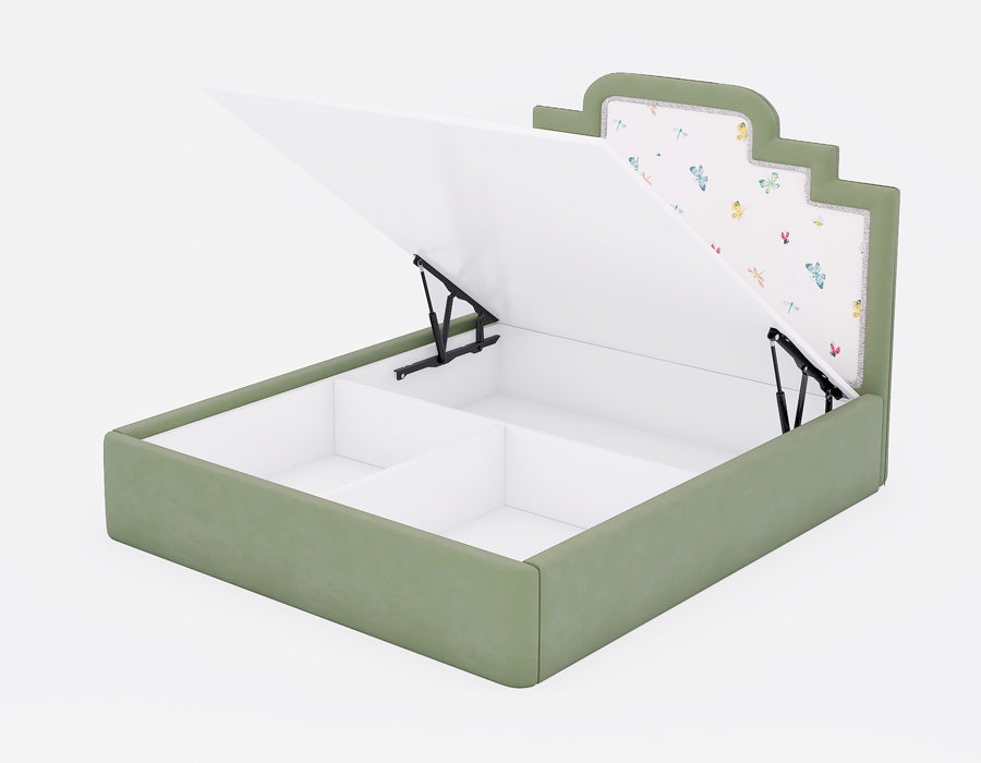 Green upholstered kids' bed with a hydraulic storage lift, showcasing spacious compartments for organized storage. The headboard features a playful butterfly and dragonfly print, adding charm to the functional design, ideal for modern children's rooms.