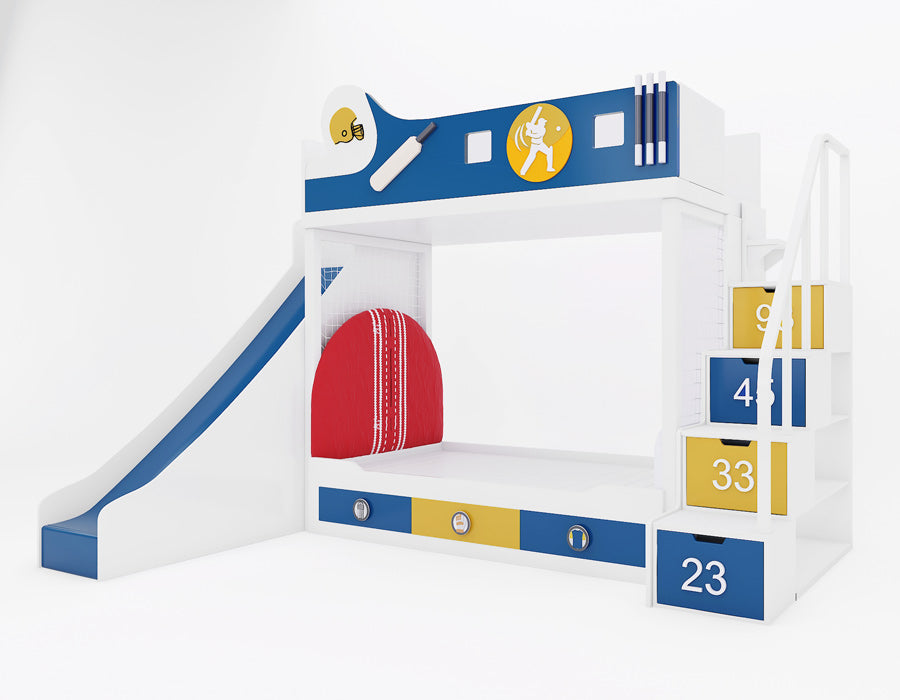 Angled view of a cricket-themed bunk bed featuring a slide, staircase storage with numbered drawers, and a netted play area. The design includes blue and yellow accents, cricket-inspired decor, and pull-out storage drawers for added functionality.