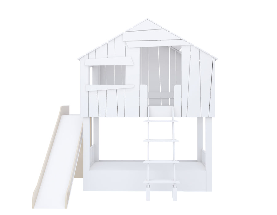 Front view of an isolated image of a wooden cabin-shaped children's bed with a smooth slide and sturdy ladder. The bed features decorative white shutters and a white finish, designed to stimulate creative play and complement a kid's bedroom decor.