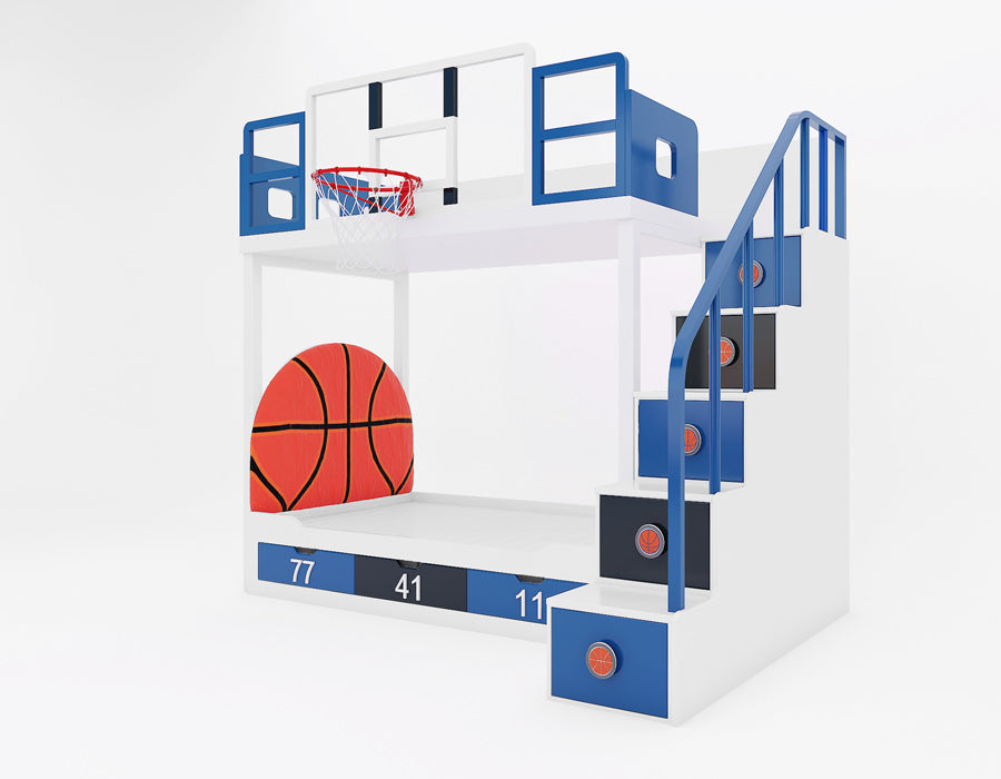 Angled view of Jordron basketball bunk bed with basketball-shaped headboard and five storage drawer steps
