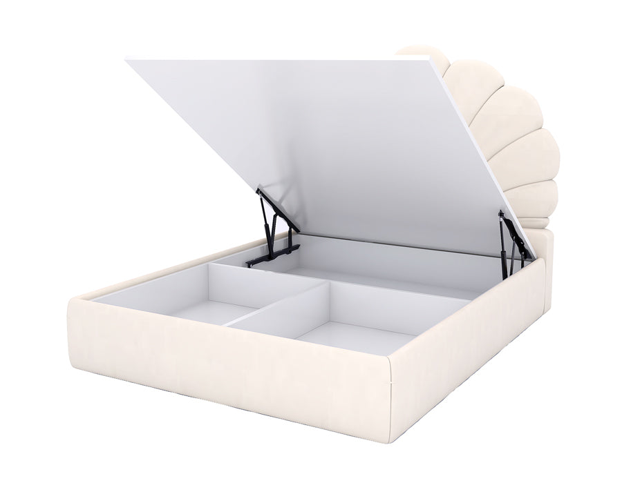 Modern off-white storage bed with an elegant scalloped headboard, showcasing the lift-up mechanism revealing spacious compartments for organized storage. The bed features a soft fabric upholstery, combining functionality and style, perfect for a girl's bedroom.