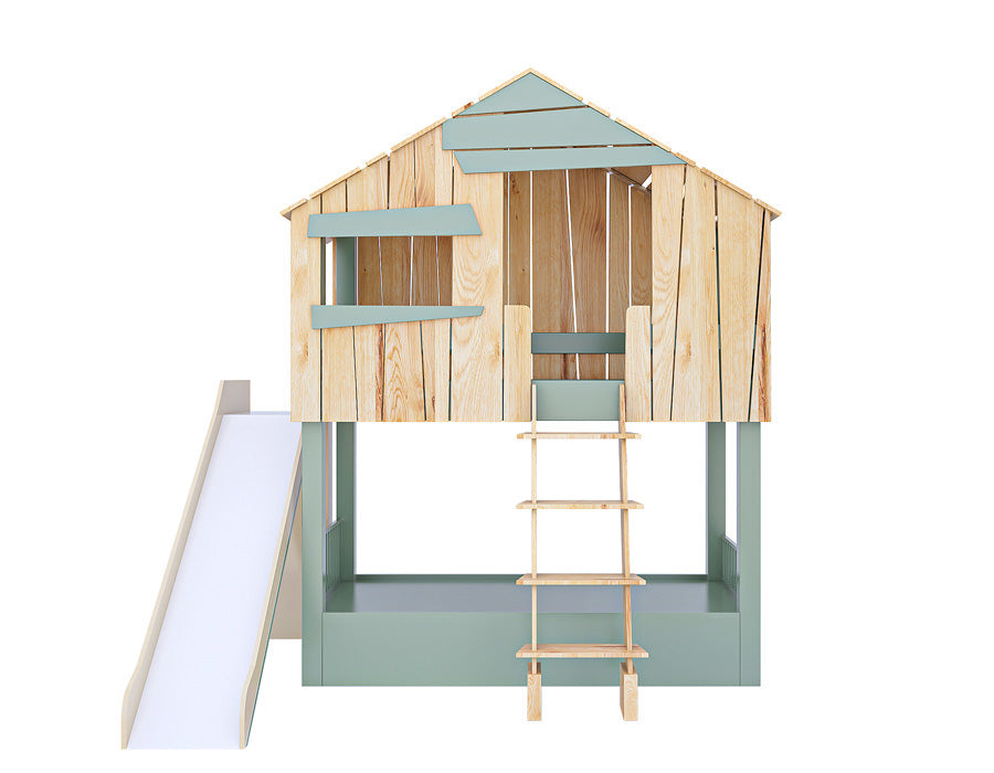 Front view of an isolated image of a wooden cabin-shaped children's bed with a smooth slide and sturdy ladder. The bed features decorative green shutters and a natural wood finish, designed to stimulate creative play and complement a kid's bedroom decor.