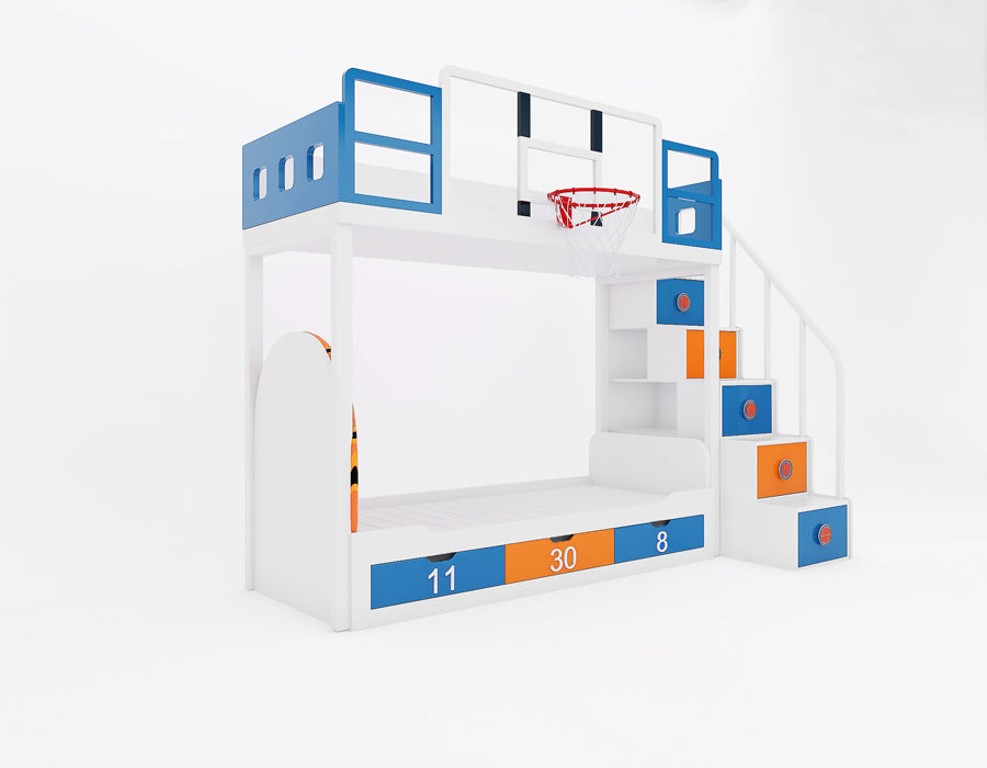 Side view of Jordron basketball themed bunk bed in Knicks colours showing upper bunk safety railings and staircase with basketball motif drawers