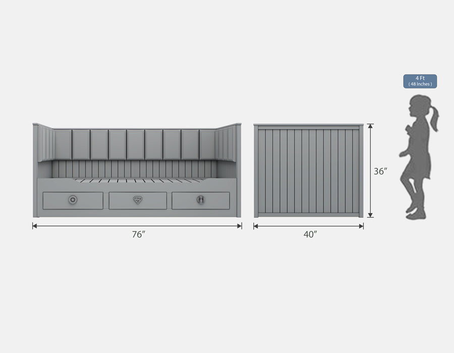 Technical schematic of a grey coloured children's trundle bed showing dimensions and a side silhouette for scale, highlighting its compact and space-efficient design.