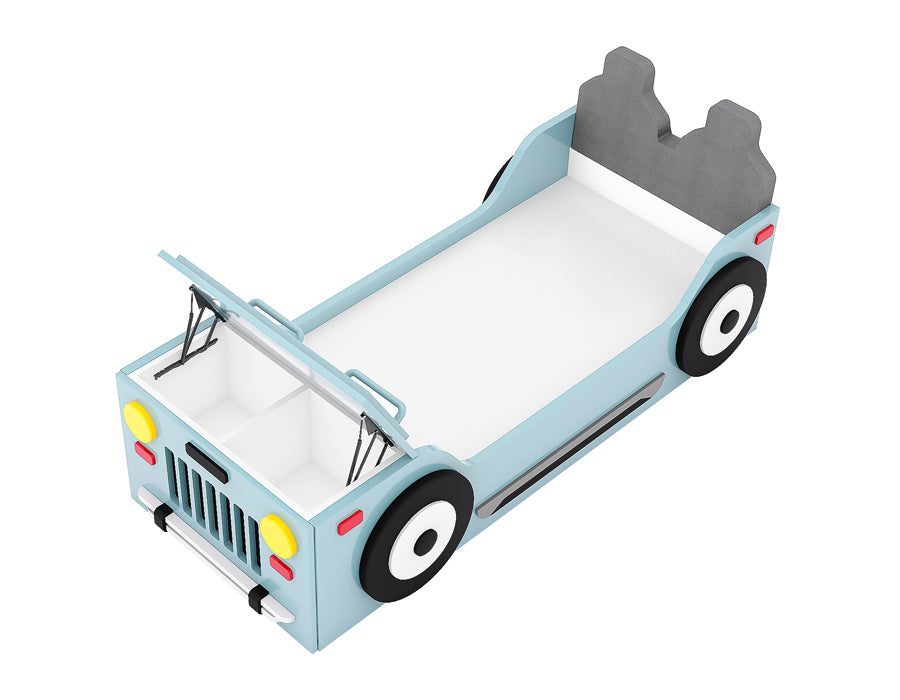 Top view of a children's jeep-themed bed in light blue, featuring realistic details such as headlights, wheels, and a front grille. The bed includes a lift-up mechanism that reveals spacious storage compartments at the front. The playful design combines imaginative elements with practical storage solutions, making it a fun and functional addition to a child's bedroom.