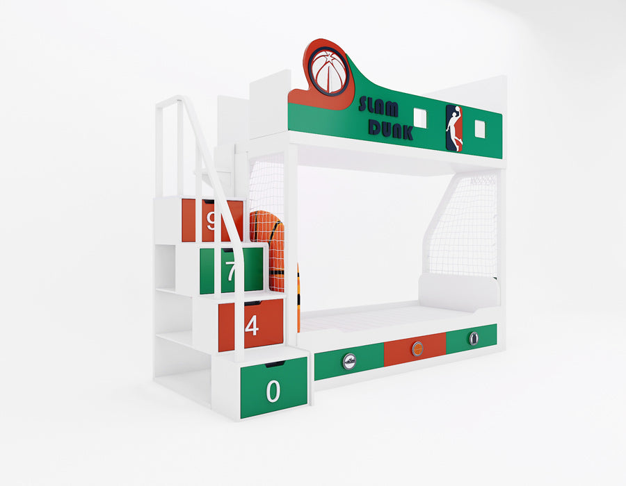 Side view of Slam Dunk basketball themed bunk bed in Celtics green and red showing staircase storage drawers and Slam Dunk banner headboard