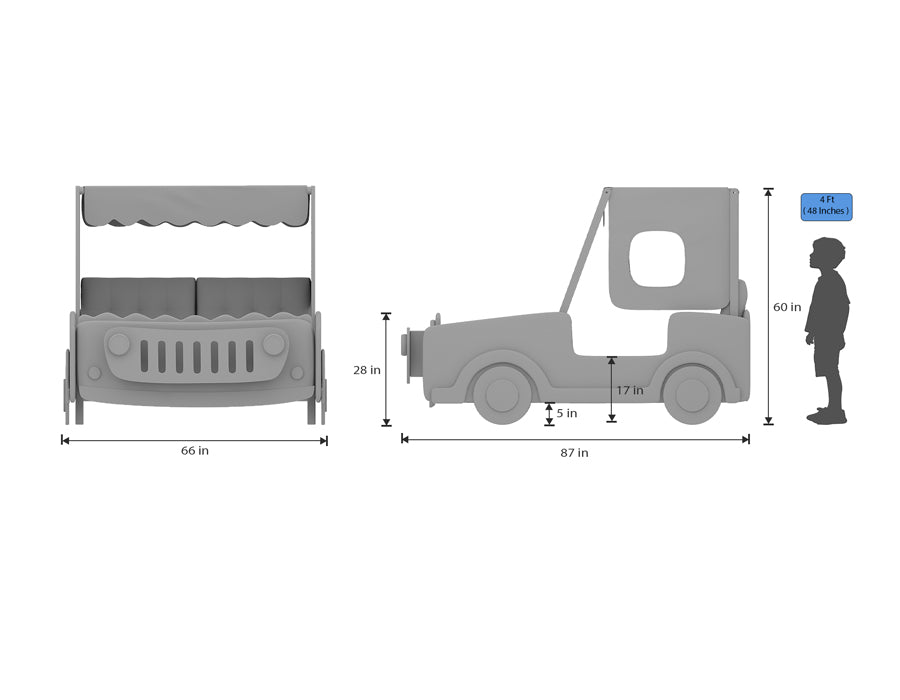 Dimension diagram of a kids' jeep-themed bed showcasing front and side views. The bed measures 66 inches wide, 87 inches long, and 60 inches tall, with a mattress height of 17 inches and 5-inch wheels. Includes a scaled illustration of a 4-foot-tall child for reference.