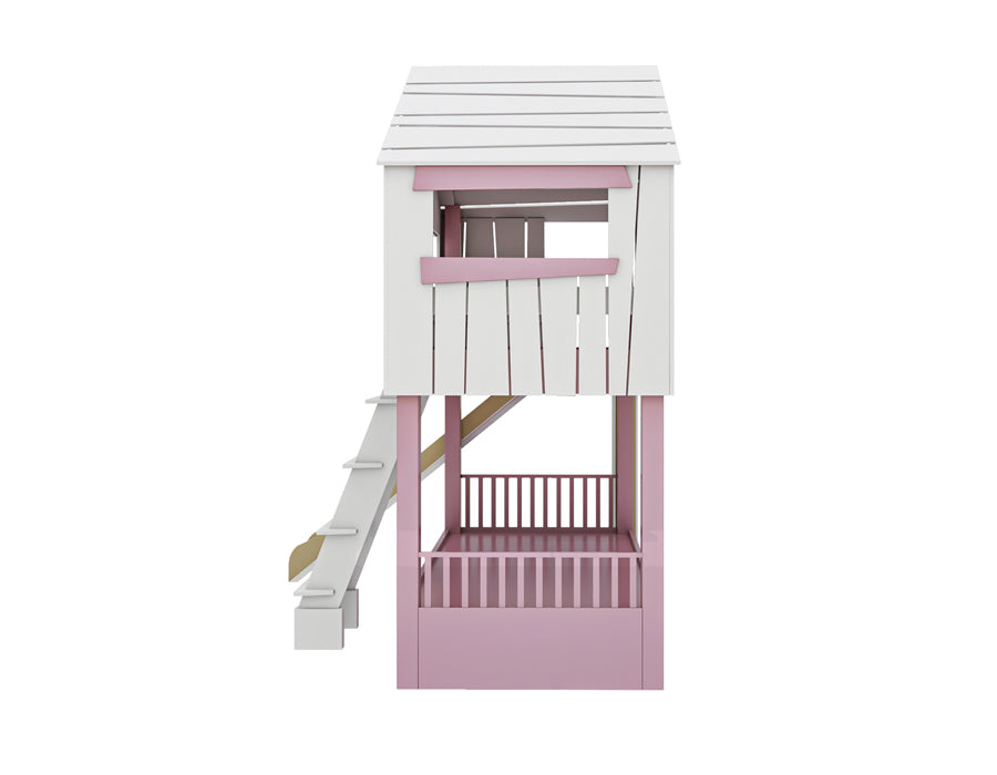 Side view of an isolated image of a wooden cabin-shaped children's bed with a smooth slide and sturdy ladder. The bed features decorative pink shutters and a white finish, designed to stimulate creative play and complement a kid's bedroom decor.