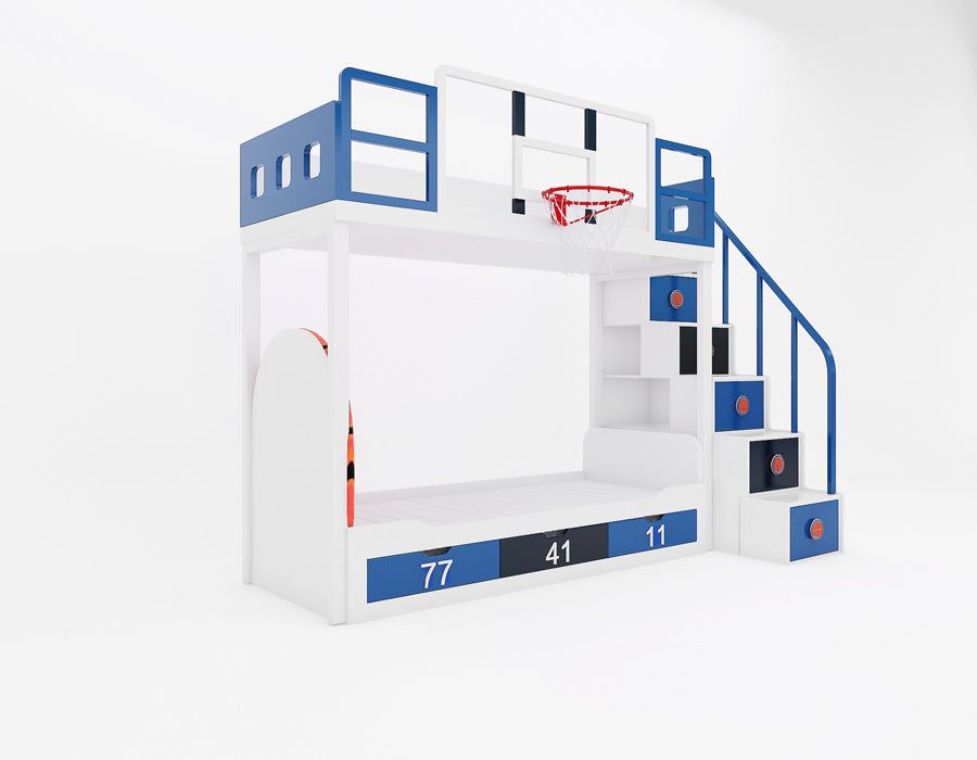 Side view of Jordron basketball themed bunk bed showing upper bunk safety railings and staircase with basketball motif drawers