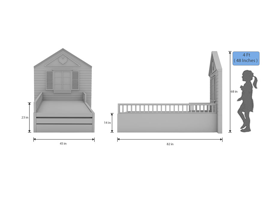 Dimensional diagram of a pink children's bed with a house-shaped headboard featuring white shutters and a heart decoration. The bed measures 82 inches in length, 45 inches in width, and 14 inches in height from the ground to the bed platform, with an overall height of 68 inches to the top of the headboard. The front view illustrates a height of 23 inches to the top of the side rails. An illustration of a child with a height of 4 feet (48 inches) is included for scale reference.