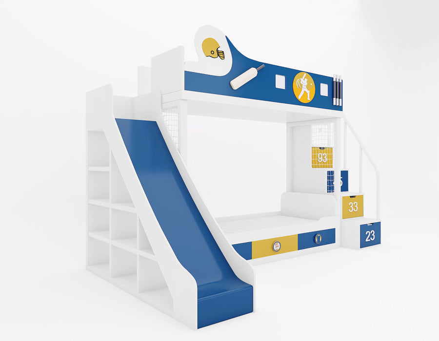 Side view of a cricket-themed bunk bed featuring a slide in blue, staircase storage with numbered drawers, and a netted play area. The design showcases cricket-inspired decor, white shelving on the side, and pull-out storage drawers for added functionality.