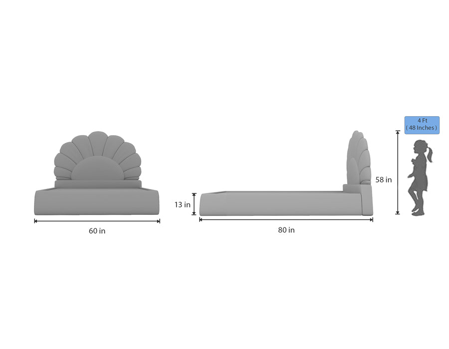 Dimensional diagram of a pink bed with a scalloped headboard, showing both front and side views. The bed measures 60 inches in width, 80 inches in length, and 13 inches in height. The headboard stands 58 inches tall. An illustration of a child with a height of 4 feet (48 inches) is included for scale reference.