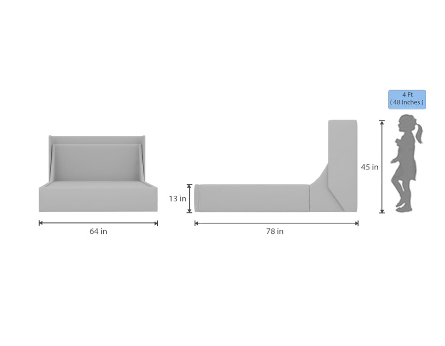 Dimensional diagram of a cream-colored upholstered bed with a high, angled headboard featuring a soft gray fabric panel. The bed measures 78 inches in length, 64 inches in width, and 13 inches in height from the ground to the bed platform, with an overall height of 45 inches to the top of the headboard. An illustration of a child with a height of 4 feet (48 inches) is included for scale reference.