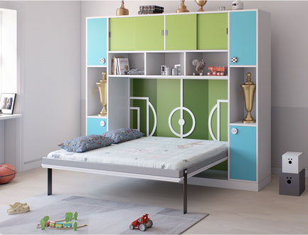 Modern children's bed with overhead storage in vibrant green and blue, designed with a football theme, including a trophy display and a soccer ball.