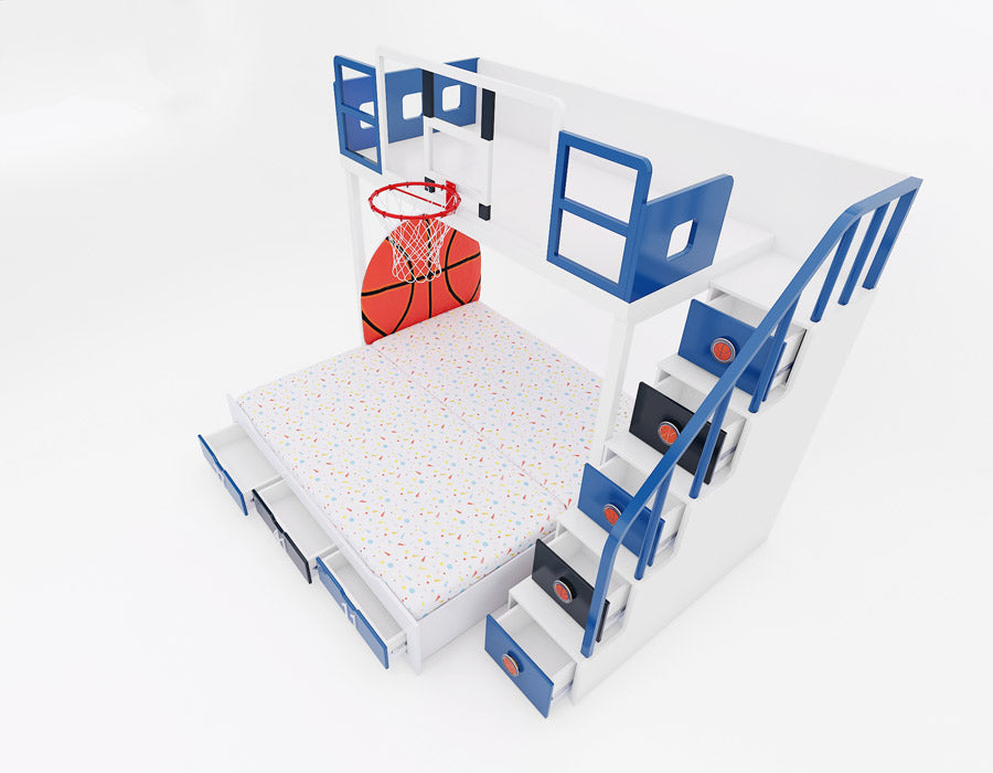 Top-down view of Jordron bunk bed with trundle fully extended and all storage drawers visible