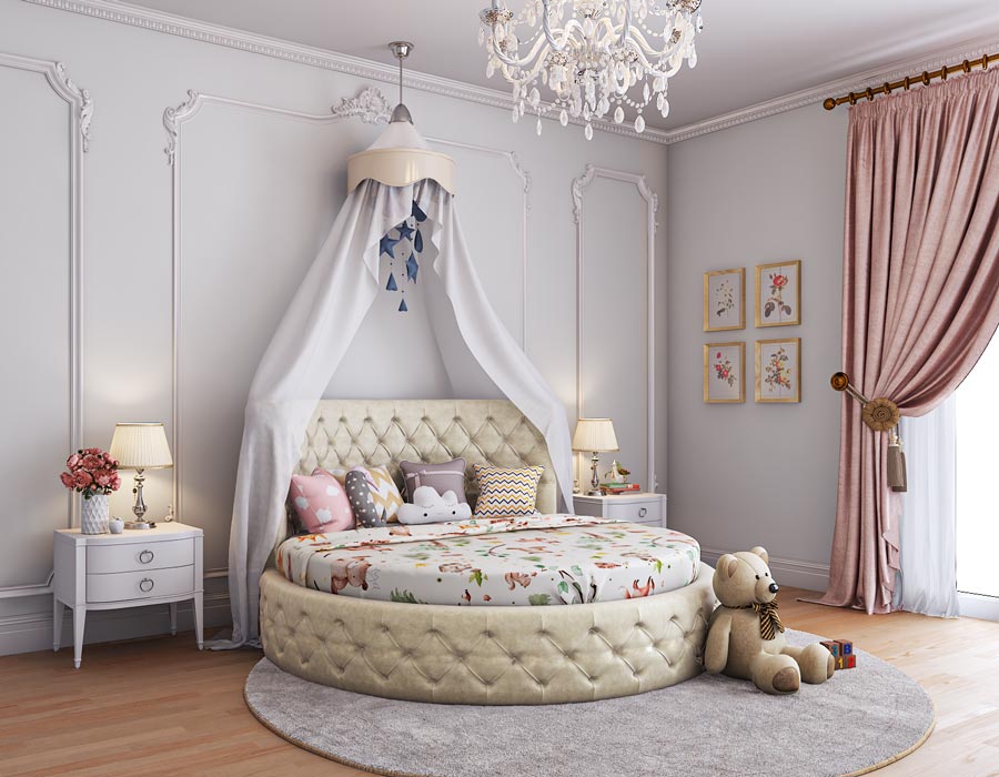 Elegant girl's bedroom featuring a luxurious round Off-white tufted bed with a whimsical canopy adorned with hanging decorations. The room is decorated with classic white paneled walls, a crystal chandelier, and matching pink curtains. Two white bedside tables with gold accents and lamps add a touch of sophistication, while floral wall art and a plush teddy bear create a cozy, inviting atmosphere.