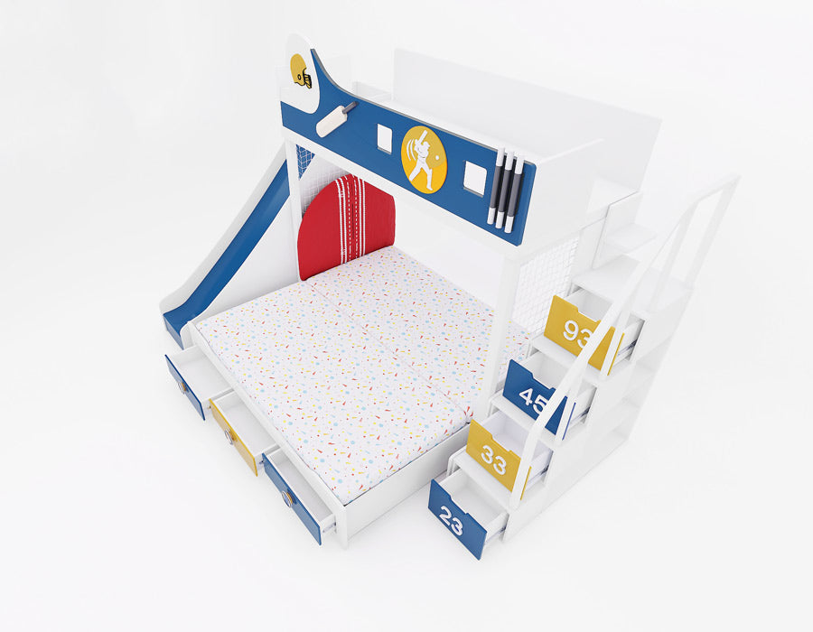 Top angle view of a cricket-themed bunk bed with an extended lower bed, featuring a slide in blue, staircase storage drawers with cricket numbers, and a netted play area. The vibrant design includes a cricket bat and ball motif, pull-out storage drawers, and a colorful printed mattress for a playful and functional kids' room setup.