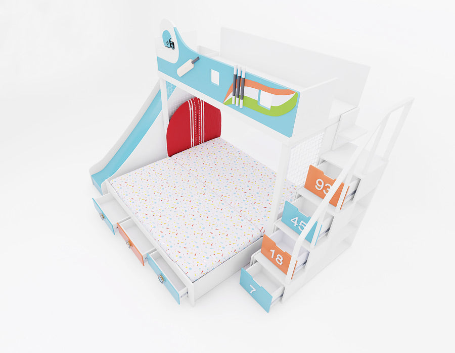 Top view of a cricket-themed kids' bunk bed featuring a colorful mattress, blue slide, pull-out storage drawers, and staircase drawers numbered with cricket-inspired designs. Includes a red cricket ball-shaped cushion and vibrant sports-themed decorations for a playful and organized design.