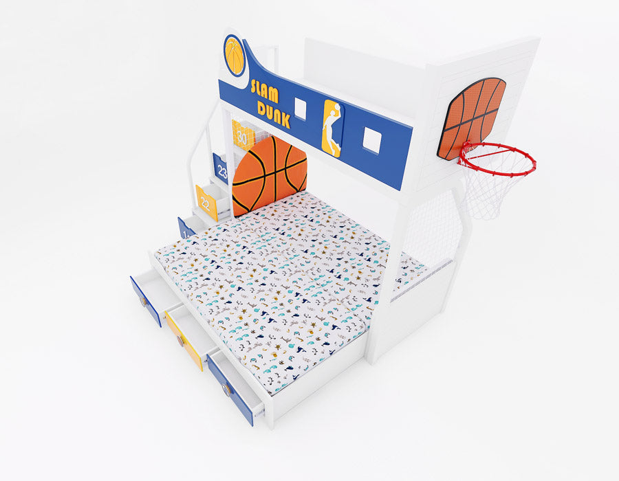 Top-down view of Slam Dunk Warriors bunk bed with trundle fully extended and blue and gold storage drawers visible