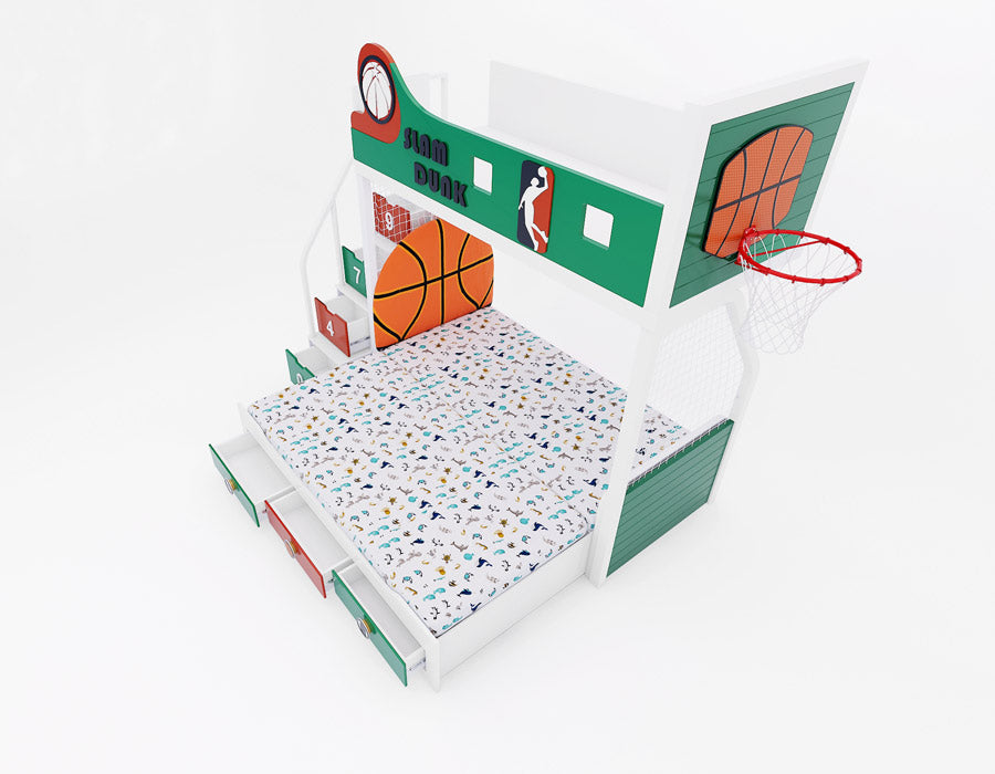 Top-down view of Slam Dunk Celtics bunk bed with trundle fully extended and green and red storage drawers visible