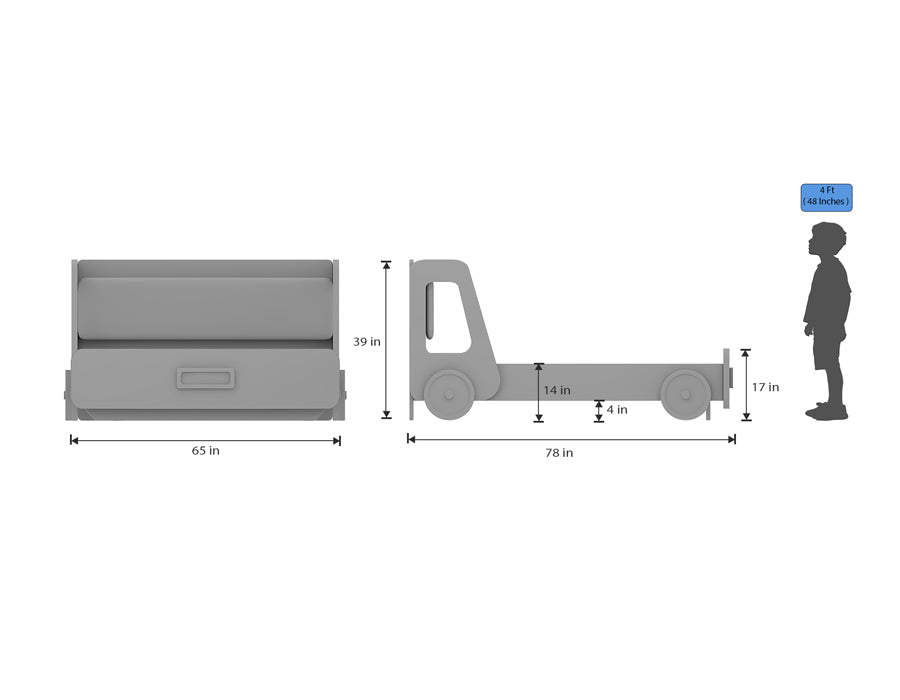 Dimensions diagram of a children's vehicle-themed bed. The bed measures 65 inches wide, 78 inches long, and 17 inches high. It features side cutouts resembling truck windows and decorative wheels. The diagram includes a comparison to a 4-foot-tall child for scale, helping visualize the bed's size and proportions. Perfect for parents planning a playful yet practical room setup.