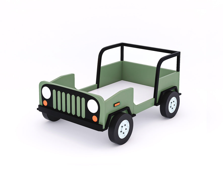 Front view of a children's jeep-themed bed in green and black, designed to resemble a realistic vehicle with detailed features such as wheels, headlights, and a roll bar. This fun and adventurous bed offers an imaginative sleeping space for kids, blending playful design with practicality.