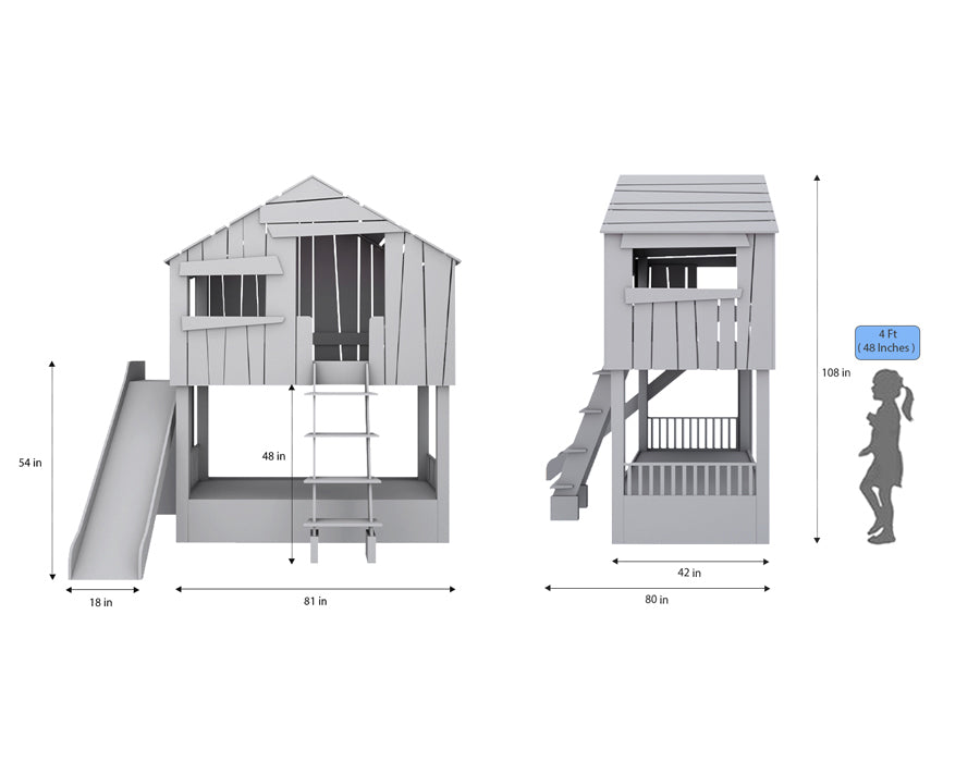 Detailed schematic of a children's loft bed styled as a gray wooden cabin, featuring dimensions. The design includes a slide, vertical ladder, safety railings, and a shaded play area beneath the loft. Side and front views show the bed's structure and measurements for space planning.