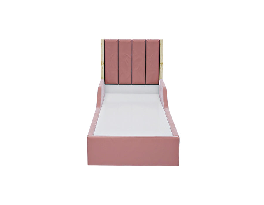 Front view of a pink upholstered bed with a tall headboard, providing a stylish and comfortable sleeping solution for children's rooms.