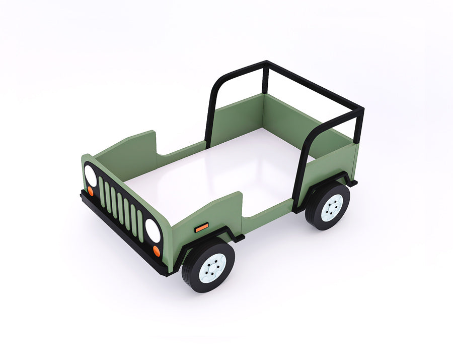 Children's jeep-themed bed in green and black, designed to resemble a realistic vehicle with detailed features such as wheels, headlights, and a roll bar. The bed provides a fun and adventurous sleeping space for kids, combining imaginative play with functionality.