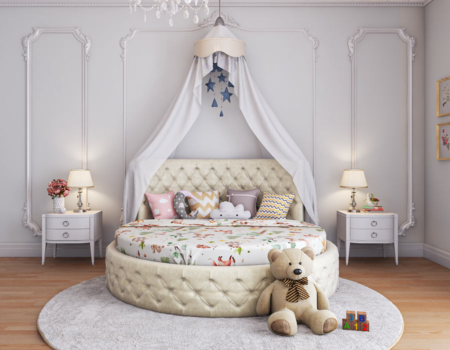 White elegant girl's bedroom featuring a luxurious round off white tufted bed with a whimsical canopy adorned with hanging decorations. The room is decorated with classic white paneled walls, a crystal chandelier, and matching pink curtains. Two white bedside tables with gold accents and lamps add a touch of sophistication, while floral wall art and a plush teddy bear create a cozy, inviting atmosphere.