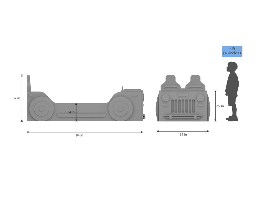 Dimensional diagram of a children's jeep-themed bed, showing side and front views. The bed measures 94 inches in length, 39 inches in width, and 14 inches in height from the ground to the bed platform, with the overall height reaching 37 inches. The front view illustrates a width of 39 inches and a height of 25 inches to the top of the headboard. An illustration of a child with a height of 4 feet (48 inches) is included for scale reference.