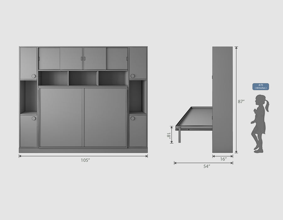Dimensional blueprint of a gray wall bed system with extensive overhead storage, juxtaposed with a child-sized silhouette for scale reference.