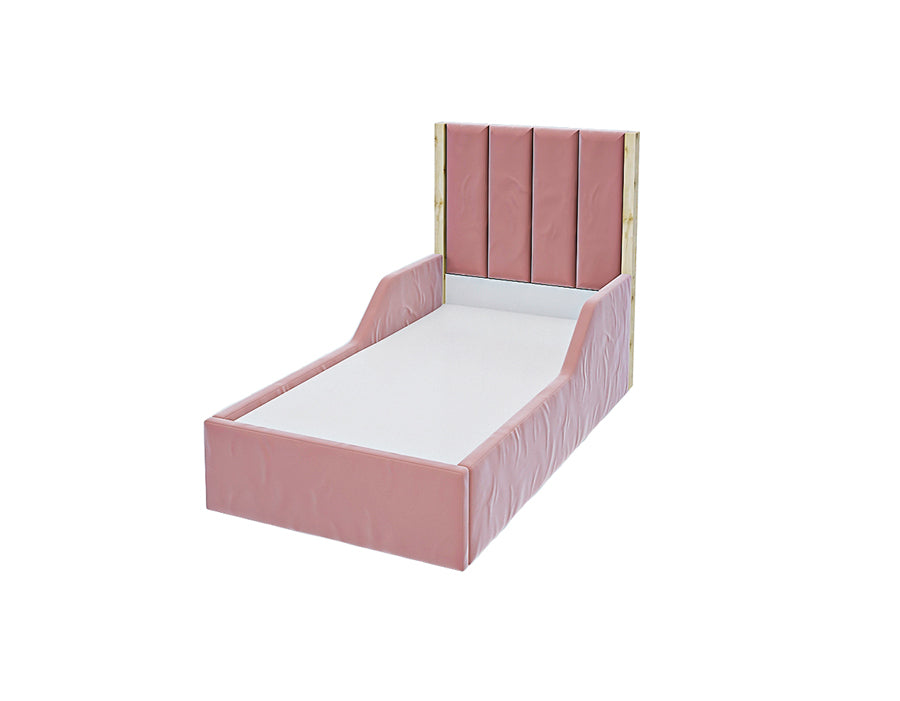 Pink upholstered bed with a tall headboard, providing a stylish and comfortable sleeping solution for children's rooms.