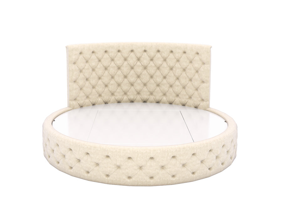 Luxurious round off white tufted bed featuring a high, diamond-patterned upholstered headboard. The bed frame is covered in soft pink fabric with matching tufted detailing, creating an elegant and comfortable sleeping space for a girl's bedroom.