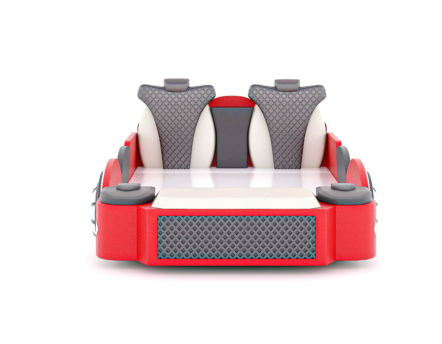 Front view of a red car-themed bed designed for children, featuring realistic car elements like a detailed front grille and padded seats resembling car seats. The bed includes gray and black quilted headrests and side panels, enhancing the automotive aesthetic. The sleek design combines comfort and playful style, perfect for a child's bedroom.