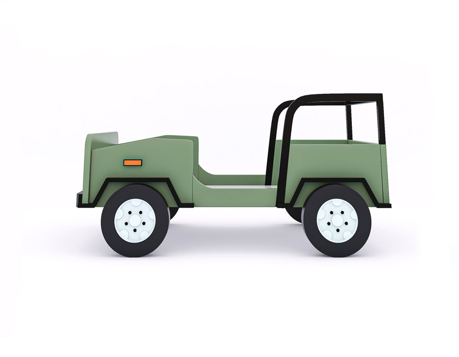 Side view of a children's jeep-themed bed in green and black, designed to resemble a realistic vehicle with detailed features such as wheels, headlights, and a roll bar. This fun and adventurous bed offers an imaginative sleeping space for kids, blending playful design with practicality.