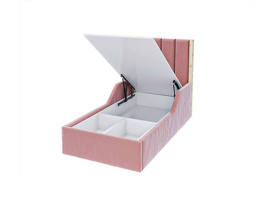 Open pink storage bed with built-in compartments, showcasing a versatile and space-saving design suitable for organizing children's rooms.