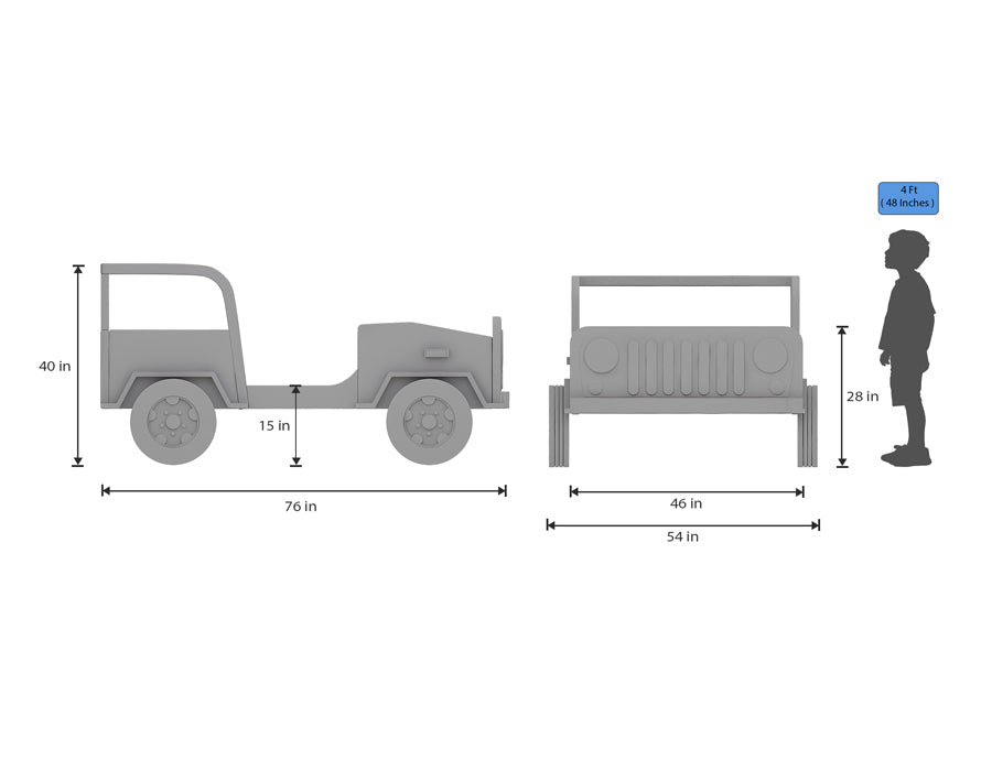 Dimensional diagram of a children's jeep-themed bed, showing side and front views. The bed measures 76 inches in length, 54 inches in width, and 15 inches in height from the ground to the bed platform, with the overall height reaching 40 inches. The front view illustrates a width of 46 inches and a height of 28 inches to the top of the roll bar. An illustration of a child with a height of 4 feet (48 inches) is included for scale reference.