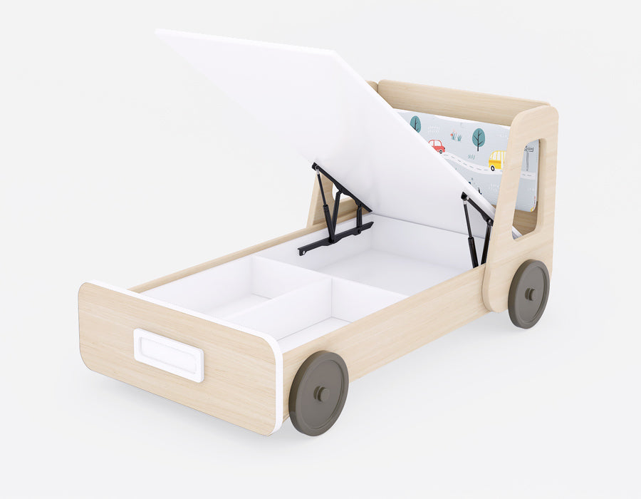 Kids' wooden bed with a playful vehicle theme, featuring a hydraulic lift-up storage compartment. The light wood finish complements the headboard decorated with colorful car and bus illustrations, making it ideal for a fun and functional children's room. The bed includes spacious internal storage, accessible via an easy-lift mechanism, and side wheels for a creative design element. Perfect for organizing toys, bedding, and more while enhancing room aesthetics.