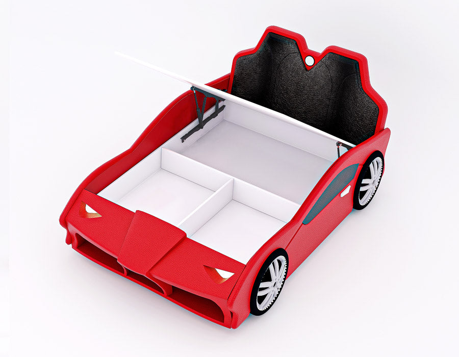 Red car-shaped children's bed with a raised mattress platform revealing a spacious storage compartment underneath. The bed includes cushioned headboard seats and realistic car detailing, including tires and front headlights, providing both functionality and a playful automotive theme for a child's bedroom.