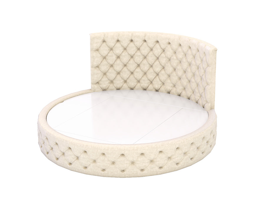 Side view of a Luxurious round off white tufted bed featuring a high, diamond-patterned upholstered headboard. The bed frame is covered in soft pink fabric with matching tufted detailing, creating an elegant and comfortable sleeping space for a girl's bedroom.